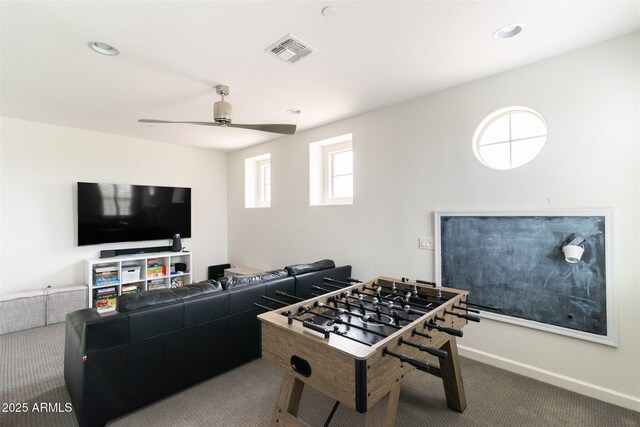 game room featuring recessed lighting, carpet, visible vents, baseboards, and ceiling fan