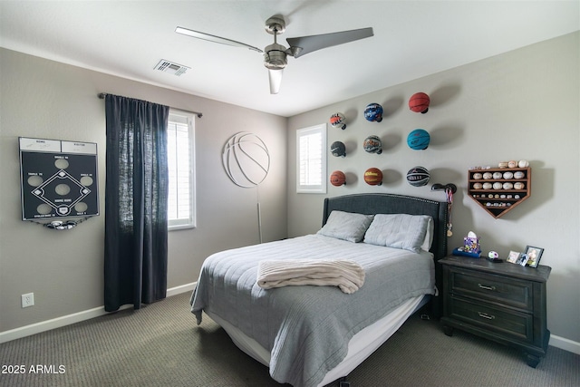 bedroom with ceiling fan, carpet floors, visible vents, and baseboards