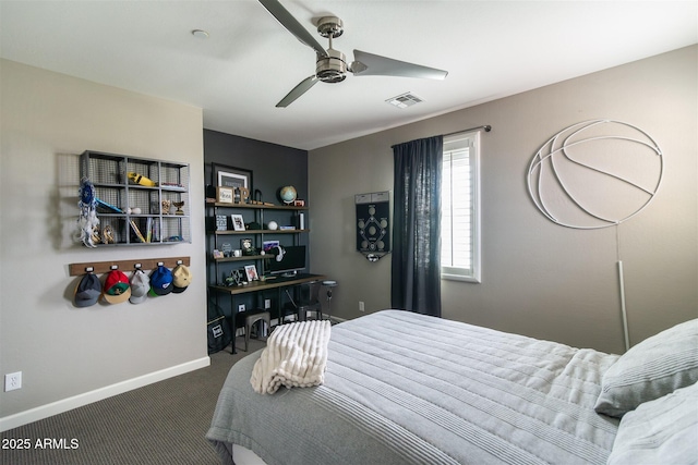 carpeted bedroom with baseboards, visible vents, and ceiling fan