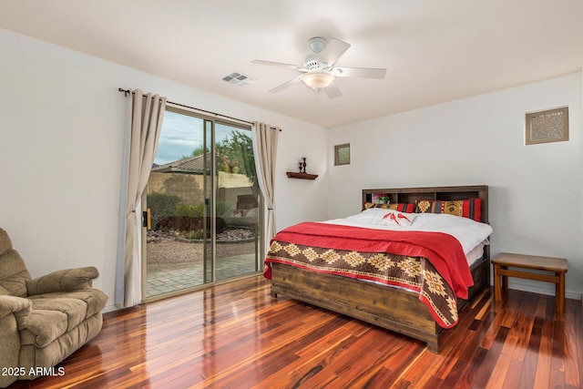 bedroom with hardwood / wood-style floors, ceiling fan, and access to exterior