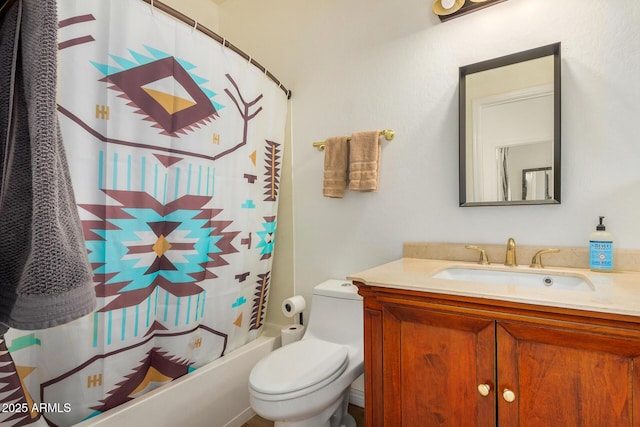 full bathroom featuring shower / bath combo with shower curtain, vanity, and toilet