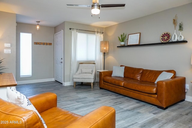 living room featuring ceiling fan, hardwood / wood-style flooring, and plenty of natural light