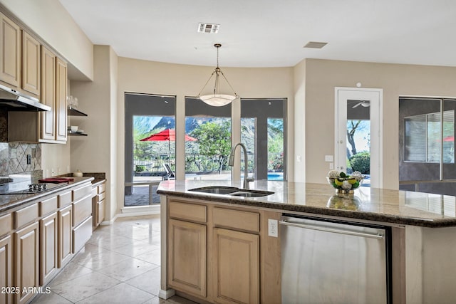 13945 E Gail Rd, Scottsdale, AZ 85259 - kitchen with dishwasher, black electric cooktop, tasteful backsplash, a kitchen island with sink, and exhaust hood