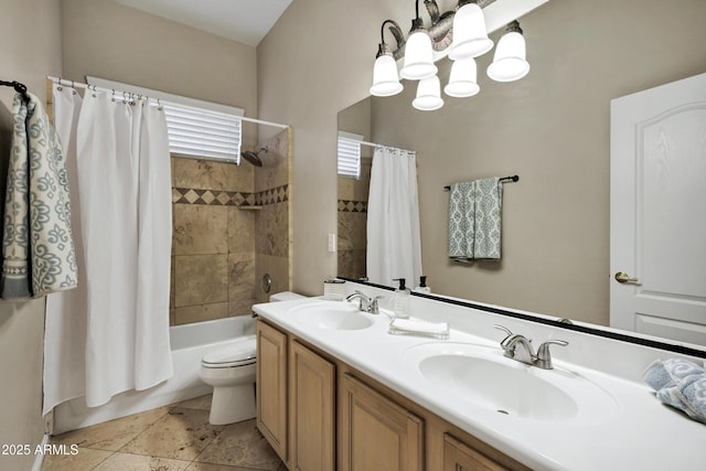 13945 E Gail Rd, Scottsdale, AZ 85259 - bathroom with shower / bath combo with shower curtain, double vanity, and a chandelier