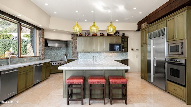11070 E Rolling Rock Dr, Scottsdale, AZ 85262 - kitchen with decorative backsplash, a kitchen island, a sink, built in appliances, and wall chimney exhaust hood