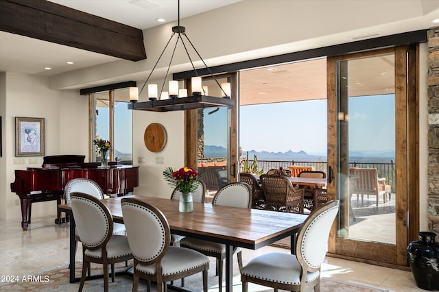 11070 E Rolling Rock Dr, Scottsdale, AZ 85262 - dining area with a mountain view, beam ceiling, recessed lighting, and plenty of natural light