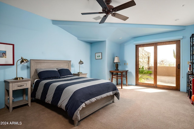 11070 E Rolling Rock Dr, Scottsdale, AZ 85262 - carpeted bedroom featuring access to exterior, ceiling fan, and vaulted ceiling