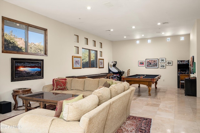 11070 E Rolling Rock Dr, Scottsdale, AZ 85262 - living area with visible vents, recessed lighting, pool table, a glass covered fireplace, and light tile patterned floors