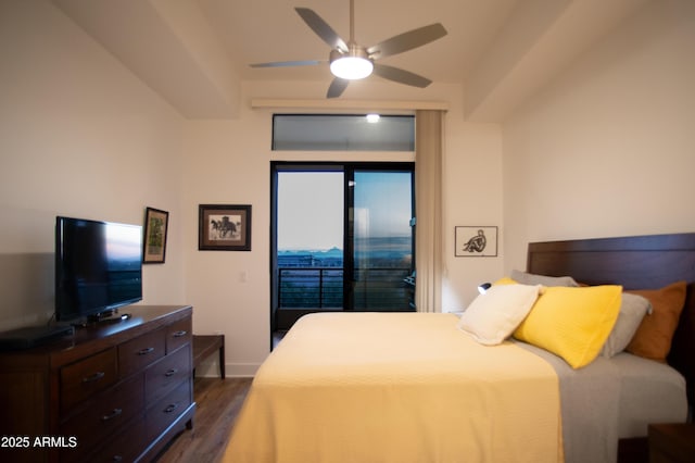 bedroom with ceiling fan and dark hardwood / wood-style floors