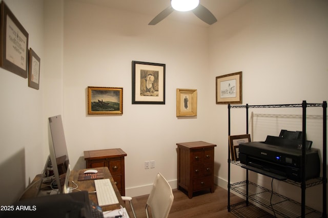 home office featuring ceiling fan and dark hardwood / wood-style floors