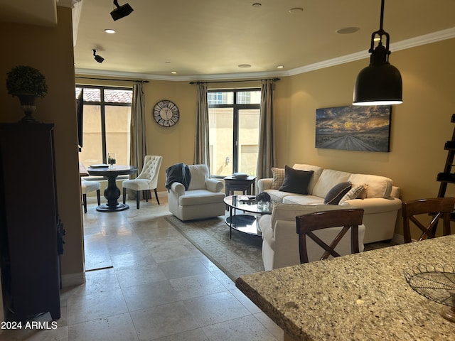 living room with ornamental molding