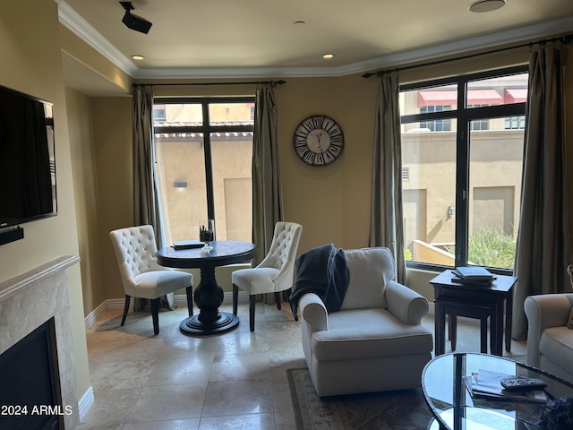 living area with crown molding