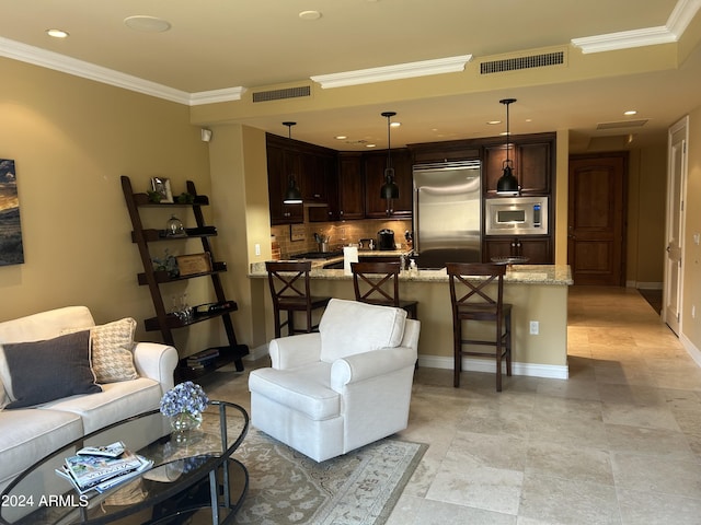 living room with crown molding