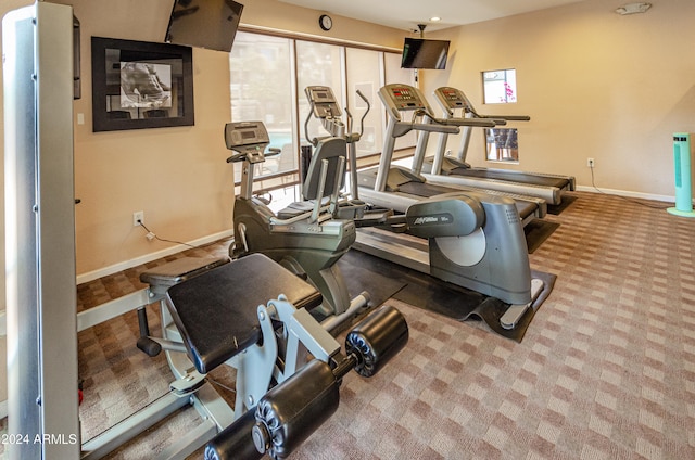 gym featuring light colored carpet and a healthy amount of sunlight