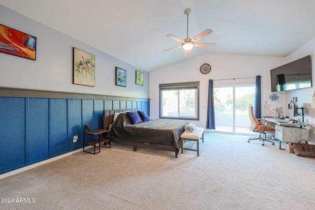 carpeted bedroom featuring ceiling fan, access to exterior, and lofted ceiling