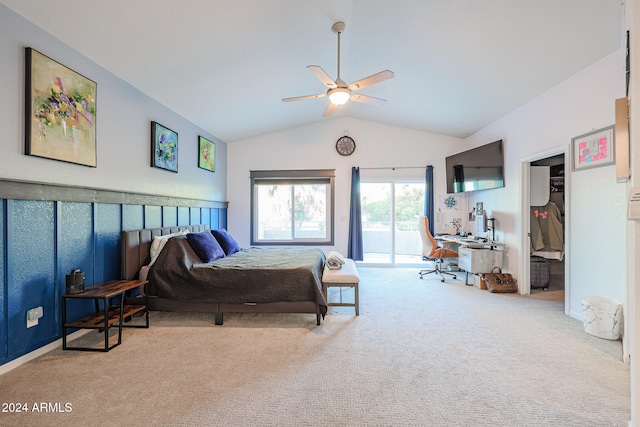 carpeted bedroom featuring ceiling fan, lofted ceiling, and access to outside