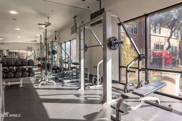 workout area featuring ceiling fan