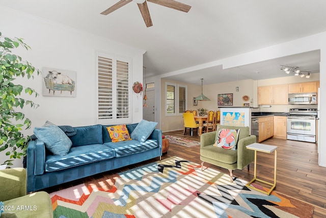 living room featuring ornamental molding, dark wood-type flooring, and ceiling fan