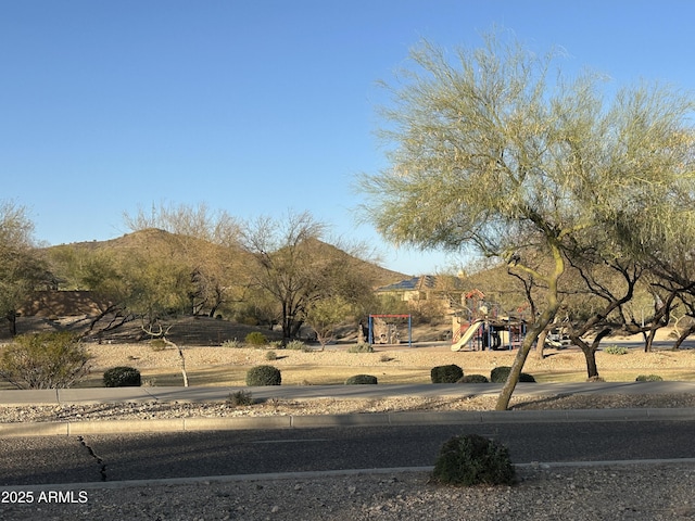 view of community with a mountain view and playground community