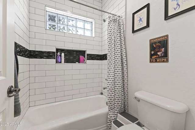full bath featuring toilet and shower / bath combination with curtain