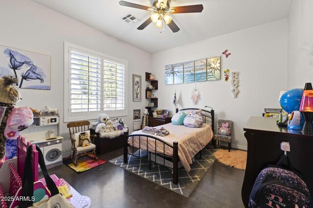 bedroom with concrete floors, visible vents, baseboards, and a ceiling fan