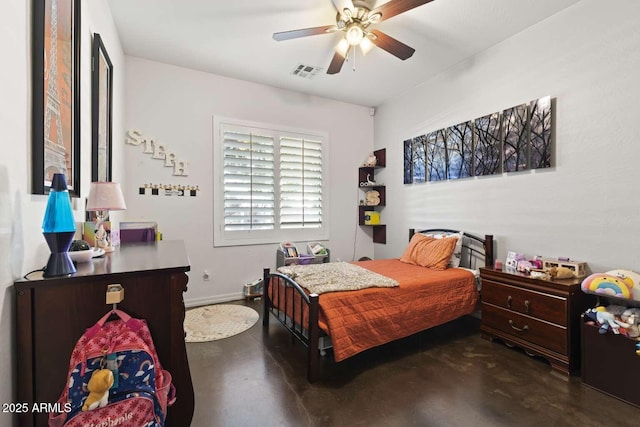 bedroom featuring finished concrete floors, visible vents, baseboards, and a ceiling fan