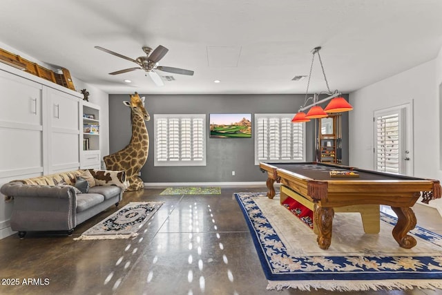 recreation room featuring visible vents, baseboards, ceiling fan, recessed lighting, and pool table