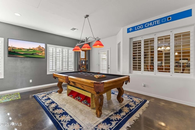 game room with baseboards, finished concrete floors, pool table, and visible vents