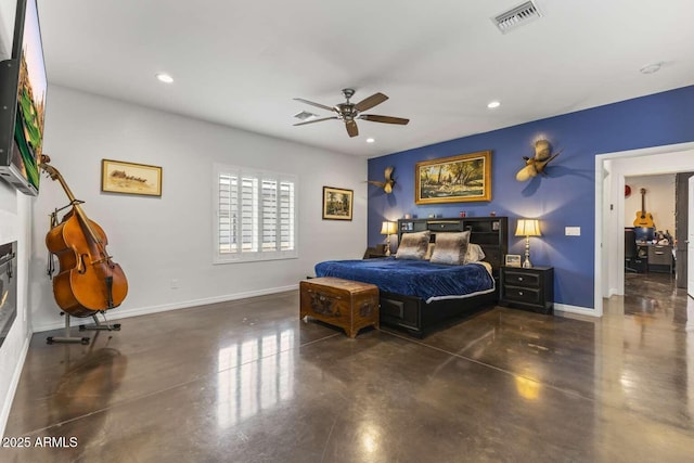 bedroom with recessed lighting, finished concrete floors, visible vents, and baseboards
