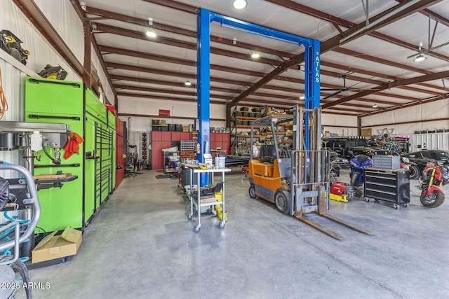 garage with a workshop area