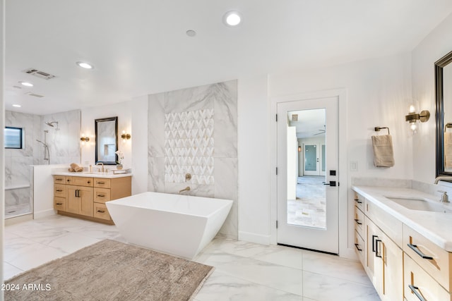 bathroom with vanity and separate shower and tub