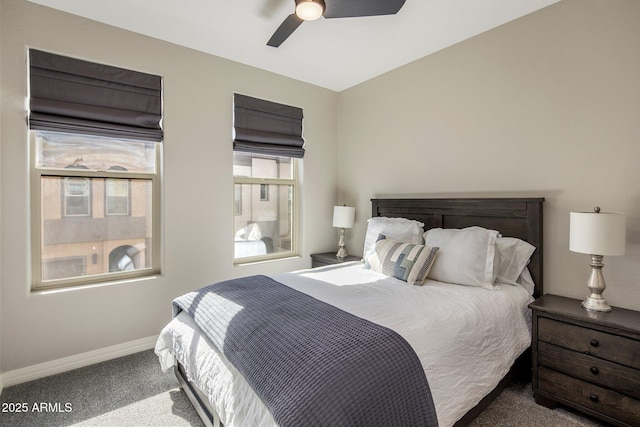 bedroom with ceiling fan and carpet flooring