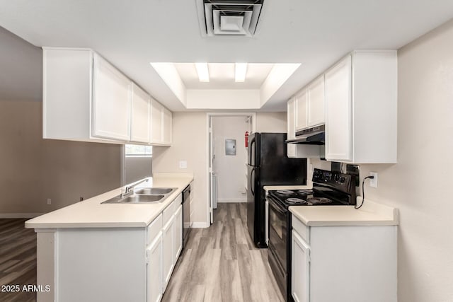 kitchen with black / electric stove, under cabinet range hood, a sink, dishwasher, and a tray ceiling