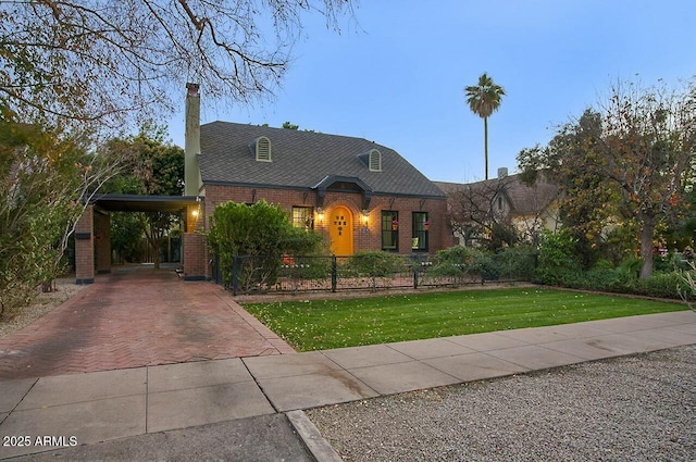 french provincial home with a front lawn and a carport