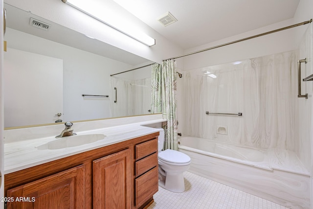 full bathroom with visible vents, shower / tub combo with curtain, tile patterned floors, and toilet