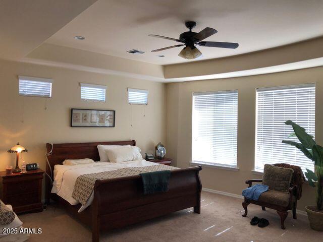 35401 N Via Tramonto St, Phoenix, AZ 85086 - bedroom with a raised ceiling, light carpet, and ceiling fan