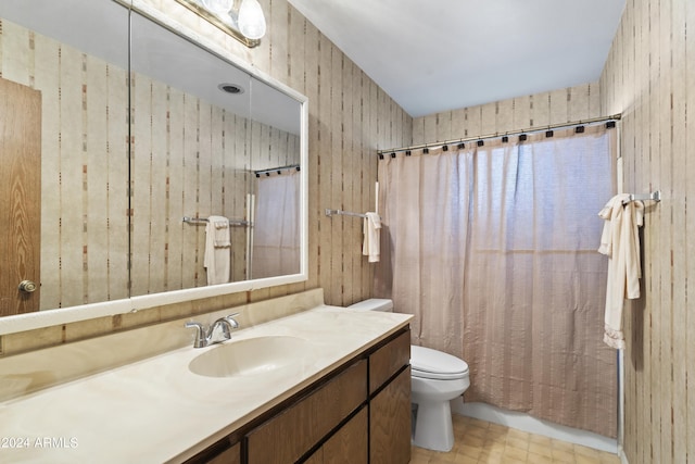 bathroom featuring toilet, wood walls, and vanity