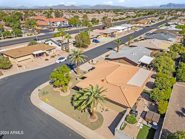 drone / aerial view featuring a mountain view and a residential view