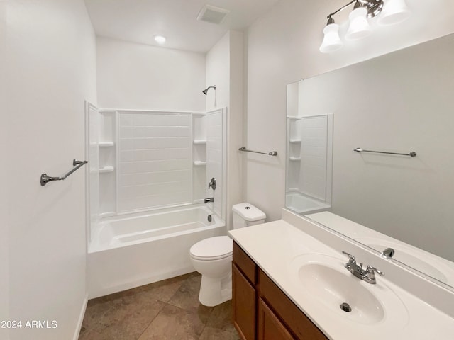 full bathroom featuring shower / washtub combination, tile patterned flooring, vanity, and toilet