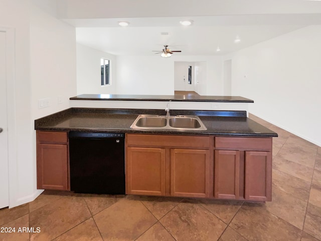 kitchen with black dishwasher, ceiling fan, tile patterned floors, and sink