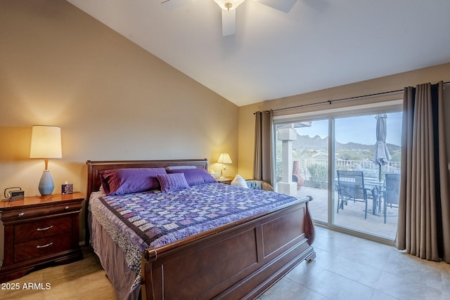 bedroom featuring access to outside, a mountain view, ceiling fan, and lofted ceiling