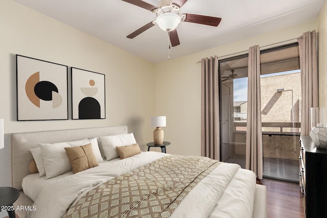 bedroom with wood finished floors, ceiling fan, and access to outside
