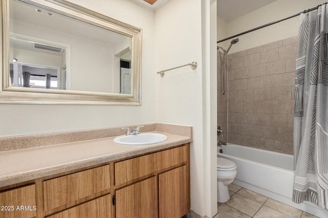 full bath featuring tile patterned flooring, visible vents, toilet, shower / bath combination with curtain, and vanity