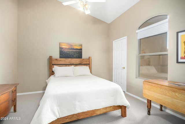 bedroom featuring carpet flooring, ceiling fan, and lofted ceiling