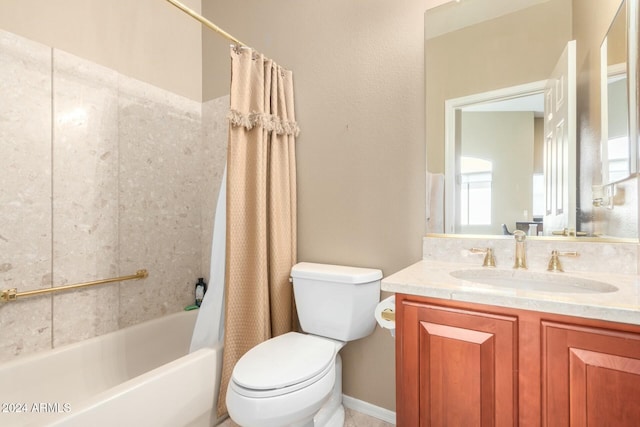 full bathroom featuring shower / bath combination with curtain, vanity, and toilet