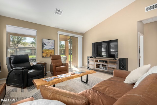 living room with a wealth of natural light and vaulted ceiling