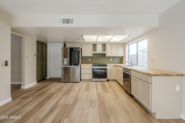 kitchen with appliances with stainless steel finishes, light wood-type flooring, sink, wall chimney range hood, and butcher block counters