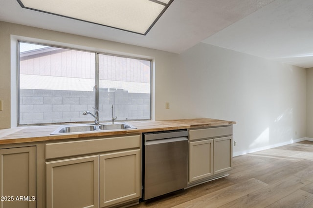 kitchen with butcher block counters, dishwasher, light wood-type flooring, and sink