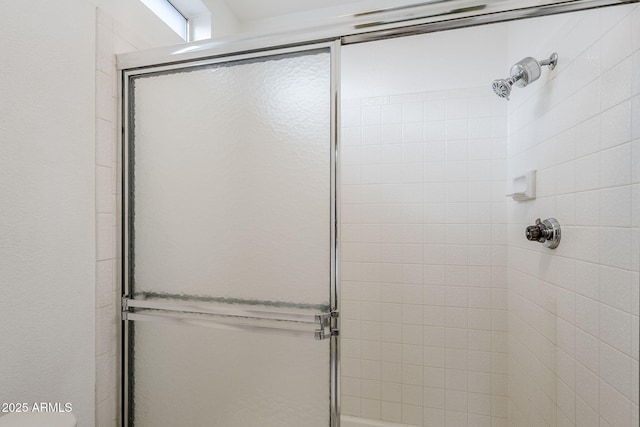 bathroom featuring a shower with shower door