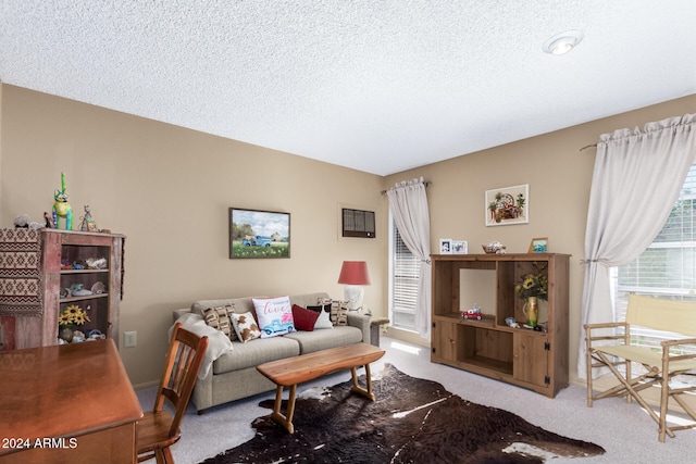 living room featuring light carpet and a textured ceiling